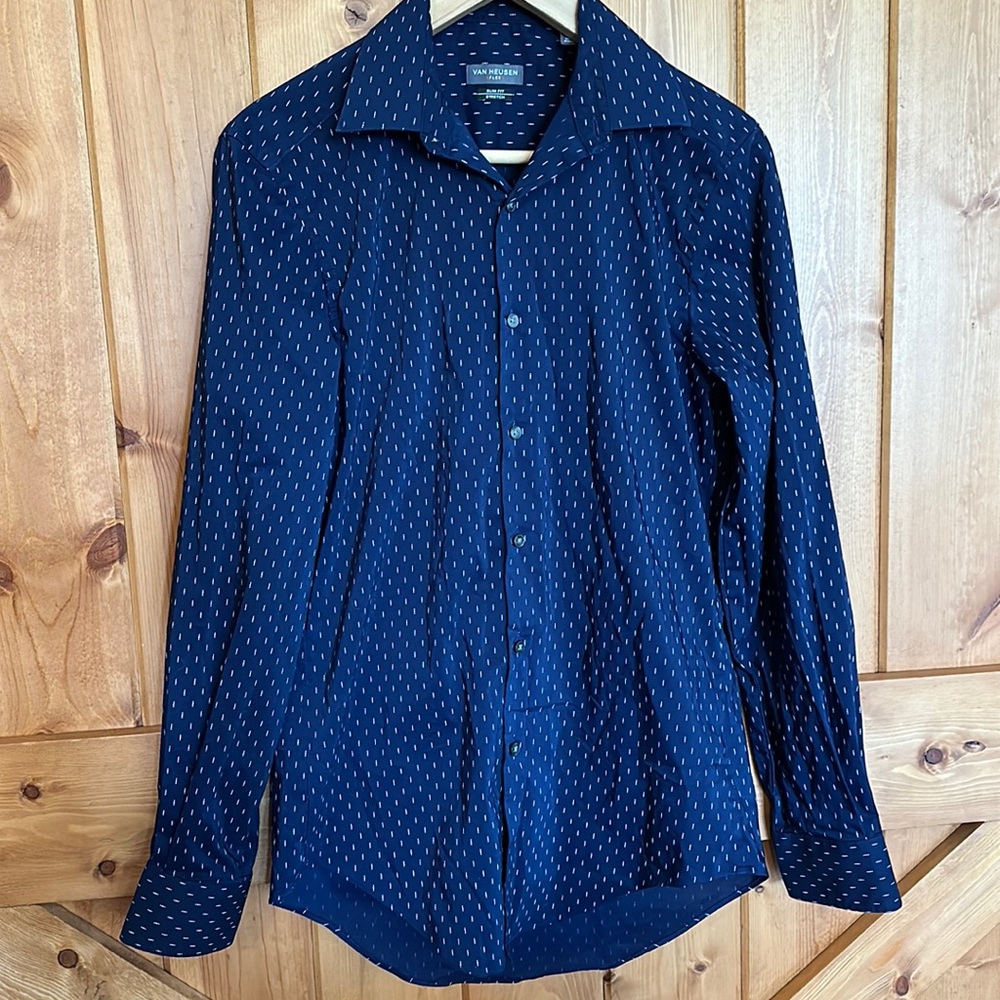 Van Heiden Flex Slim Fit Stretch navy Collared button down 14 1/2 32/33 oeko-Tex